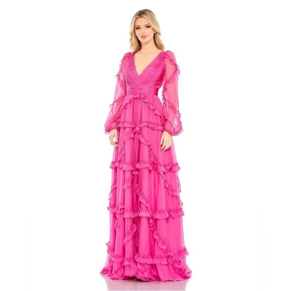 Mac Duggal Dresses & Skirts - Mac Duggal A68223 Cascaded Ruffles Puff Sleeve Gown